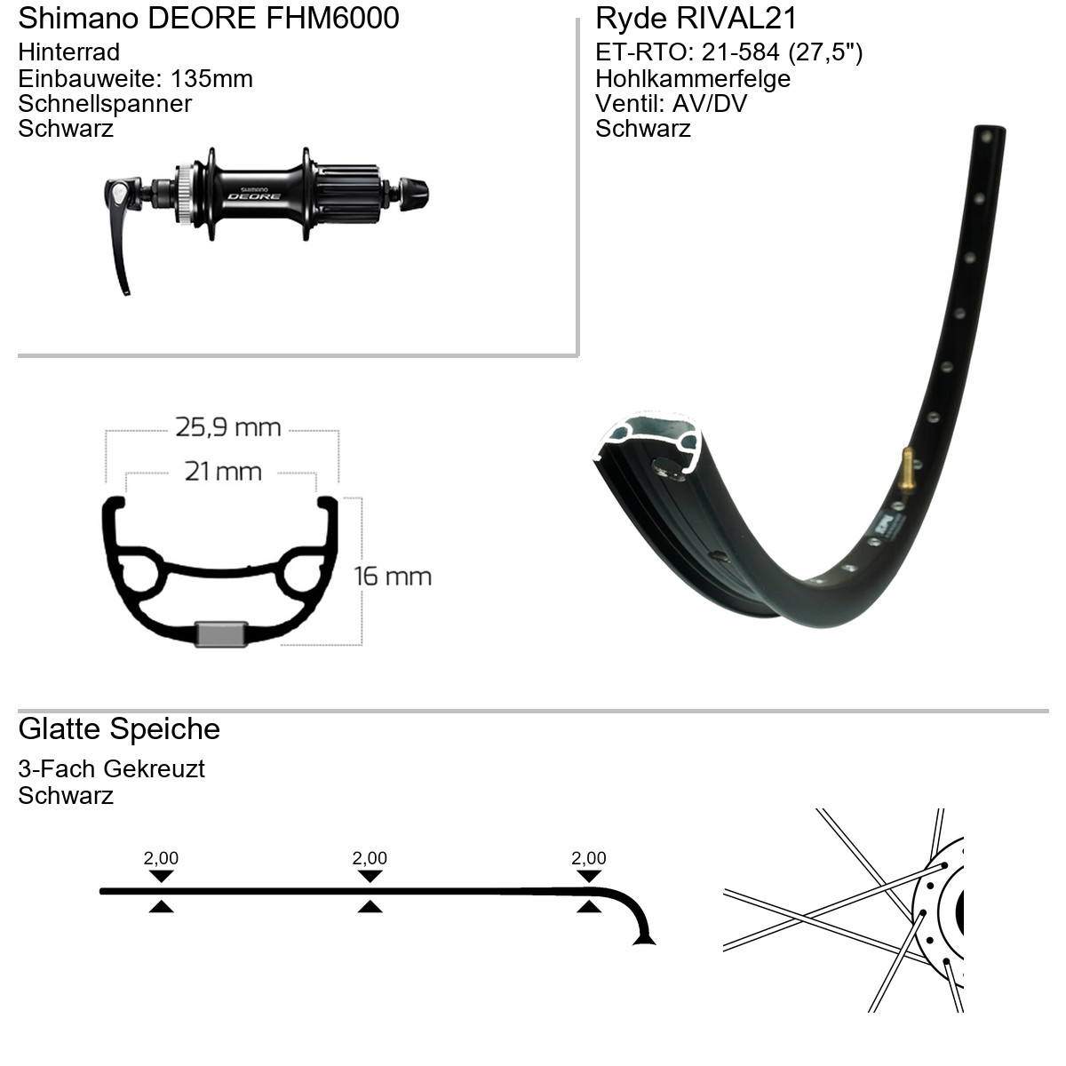 Hinterrad 27,5" RYDE Rival21 Shimano FHM6000