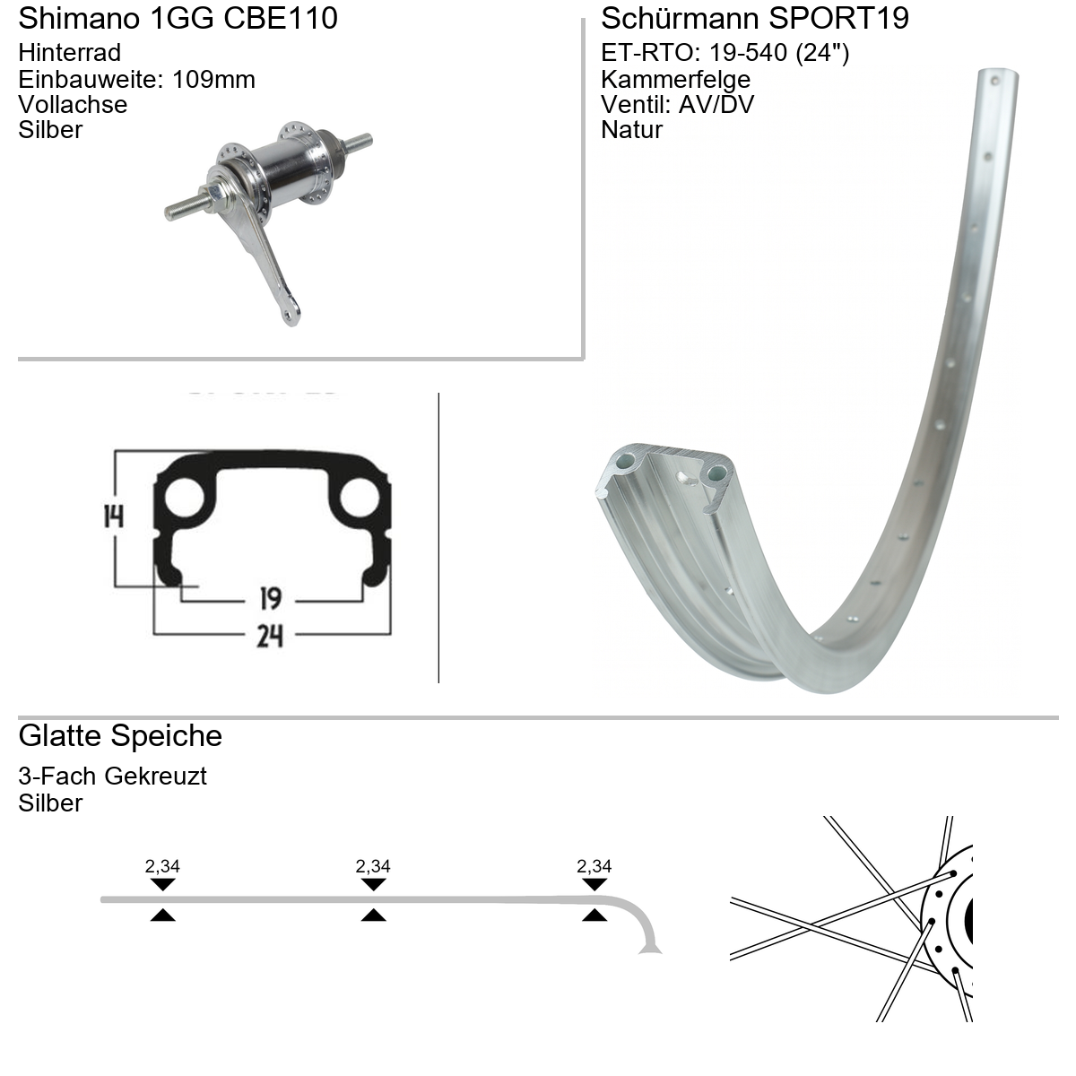 Hinterrad 24" Schürmann Sport19 Shimano 1-Gang