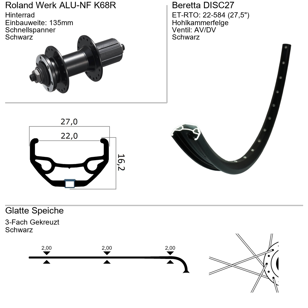 Hinterrad 27,5" Beretta Disc 27 Alu-NF 10-fach