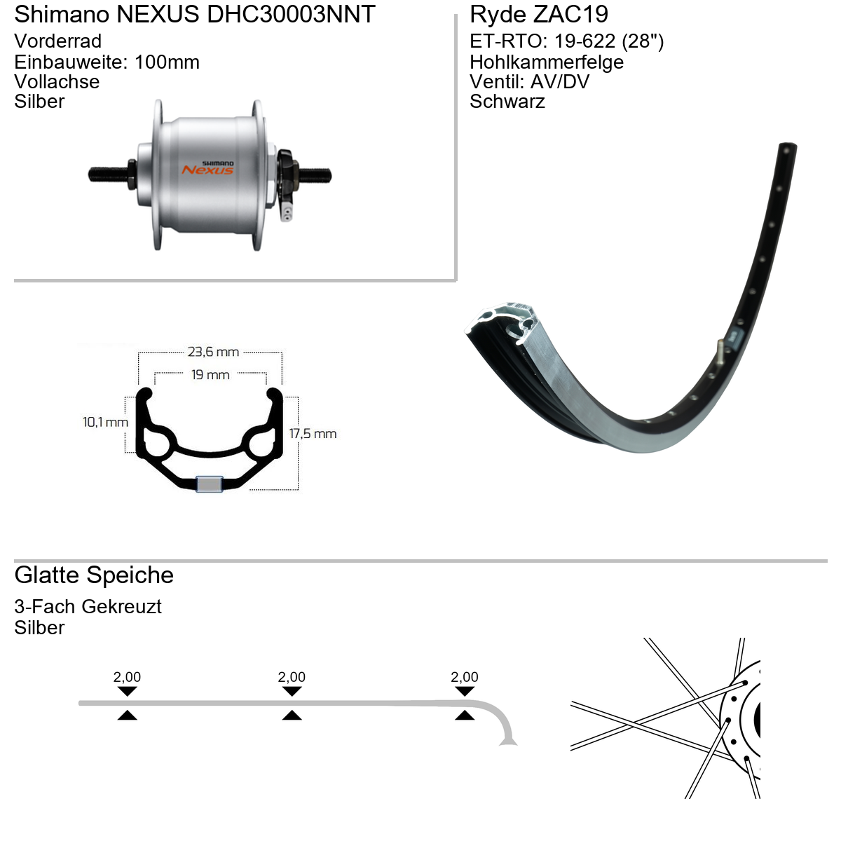 Vorderrad 28" RYDE ZAC19 Shimano Nabendynamo DHC3003