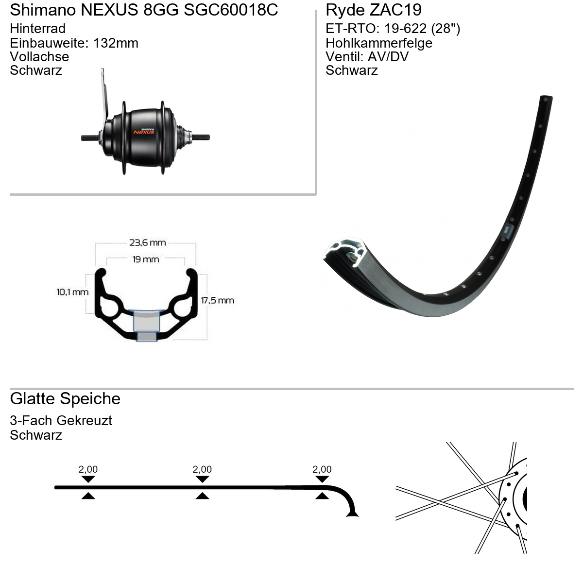 Hinterrad 28" RYDE ZAC19 Shimano Nexus 8-Gang