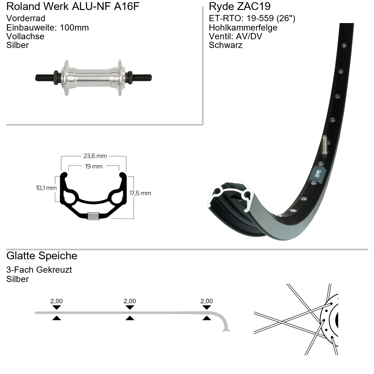 Vorderrad 26" RYDE ZAC19 Alu-NF
