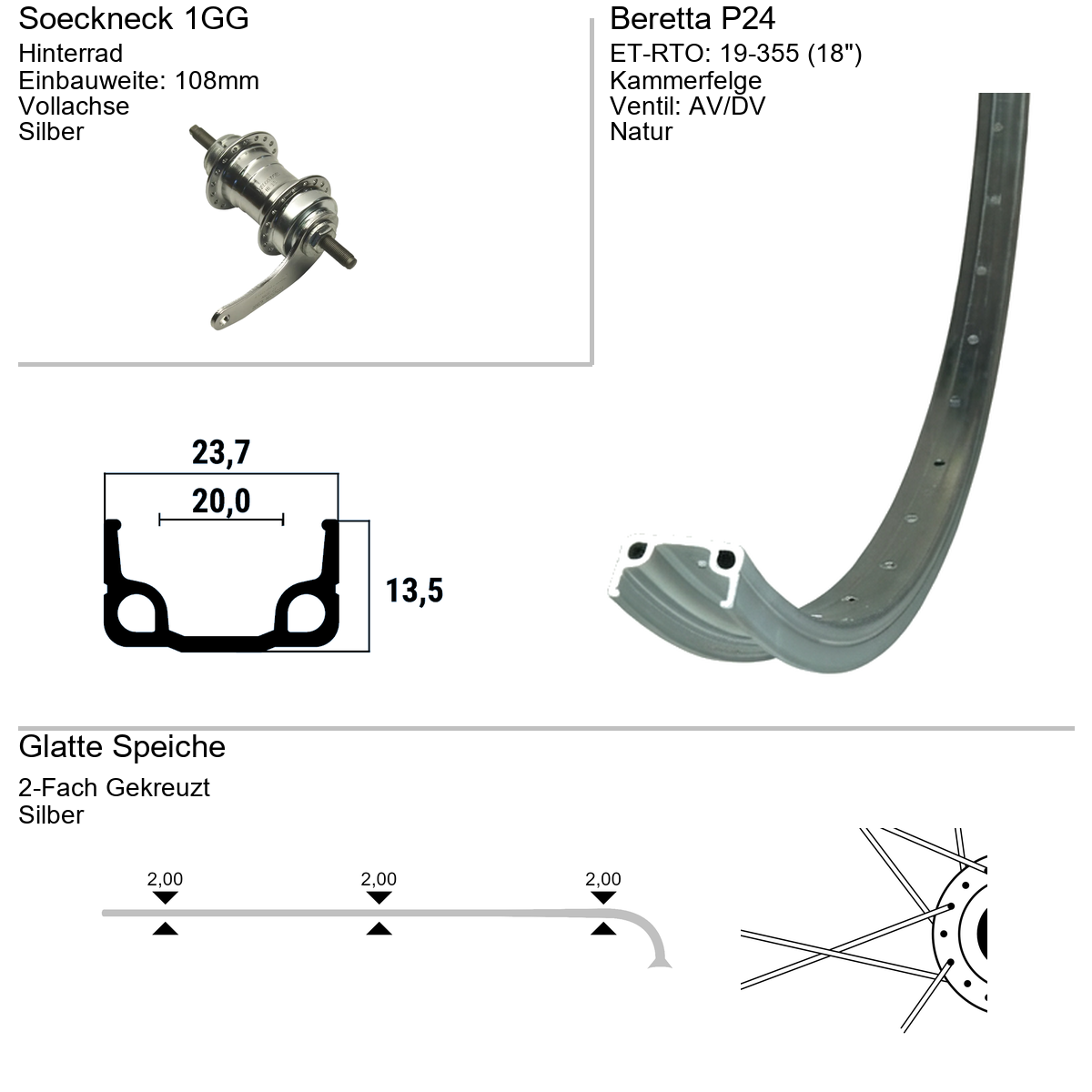 Hinterrad 18" Beretta P 24 Soeckneck Velosteel 1-Gang Rücktritt
