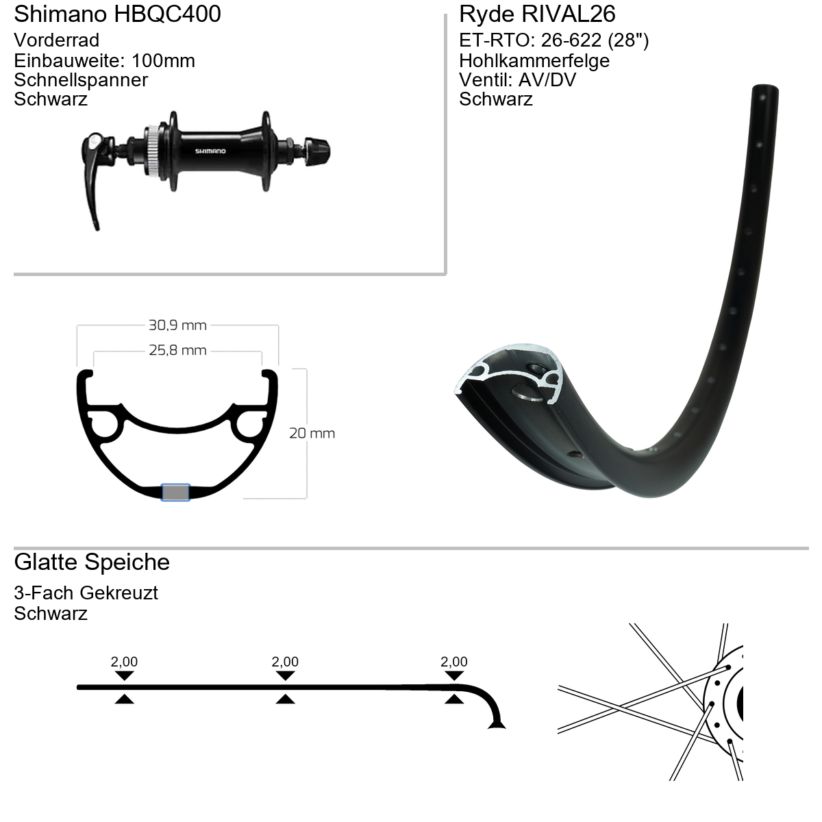 Vorderrad 28" RYDE Rival26 Shimano HBQC400