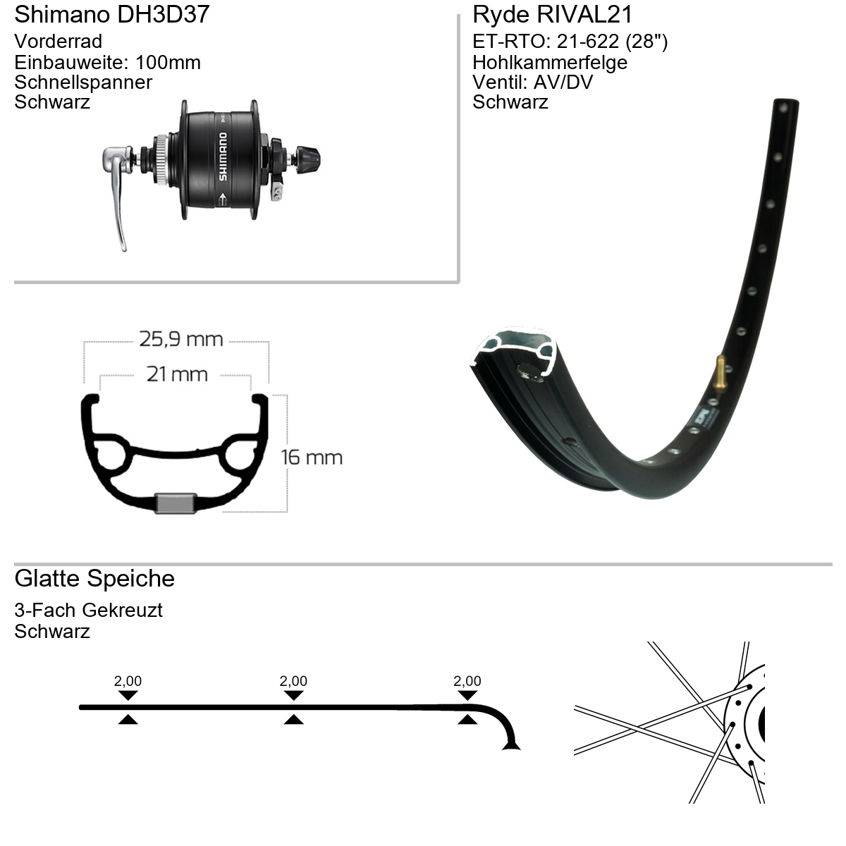 Vorderrad 28" RYDE Rival21 Shimano Nabendynamo DH3DC37