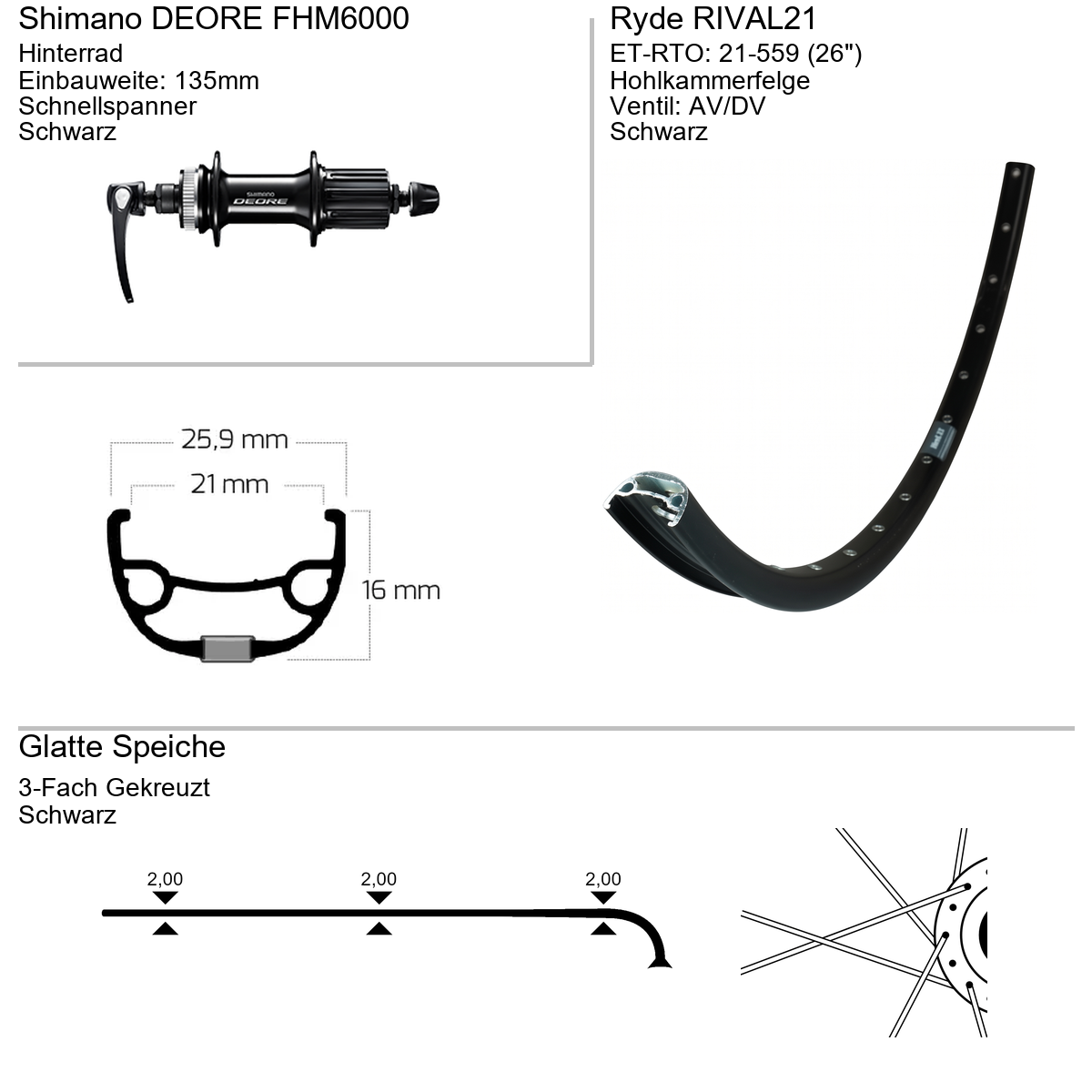 Hinterrad 26" RYDE Rival21 Shimano FH-M6000