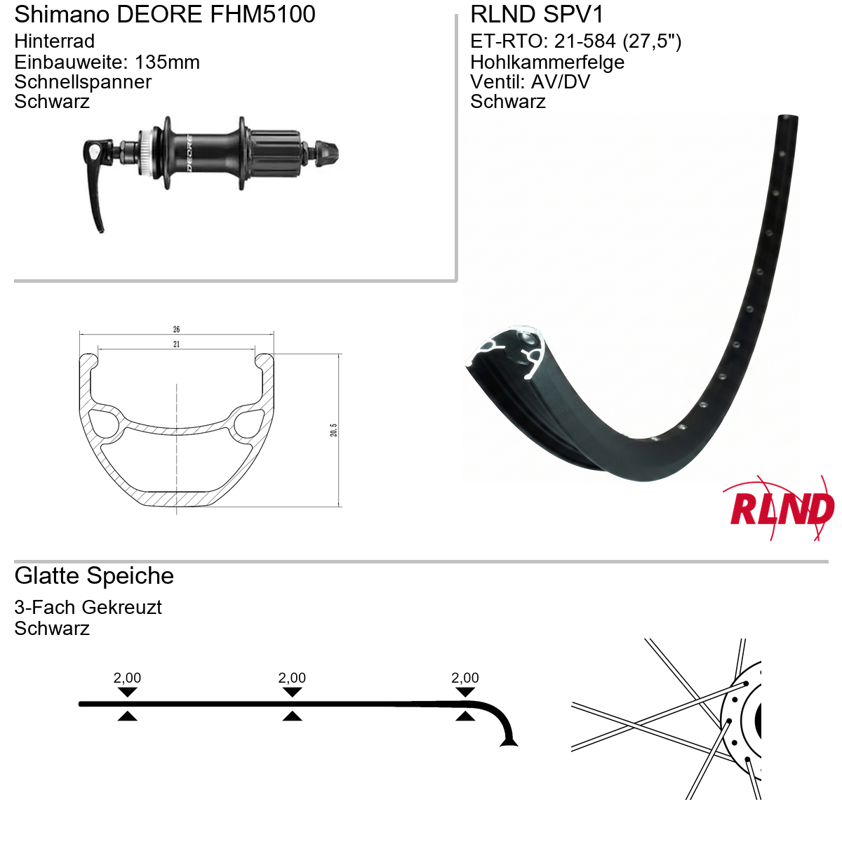 Hinterrad 27,5" RLND SPV1 Shimano DEORE FHM5100 Freilauf