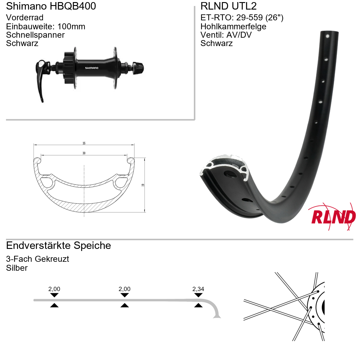 Vorderrad 26" RLND UTL2 Shimano HBQB400