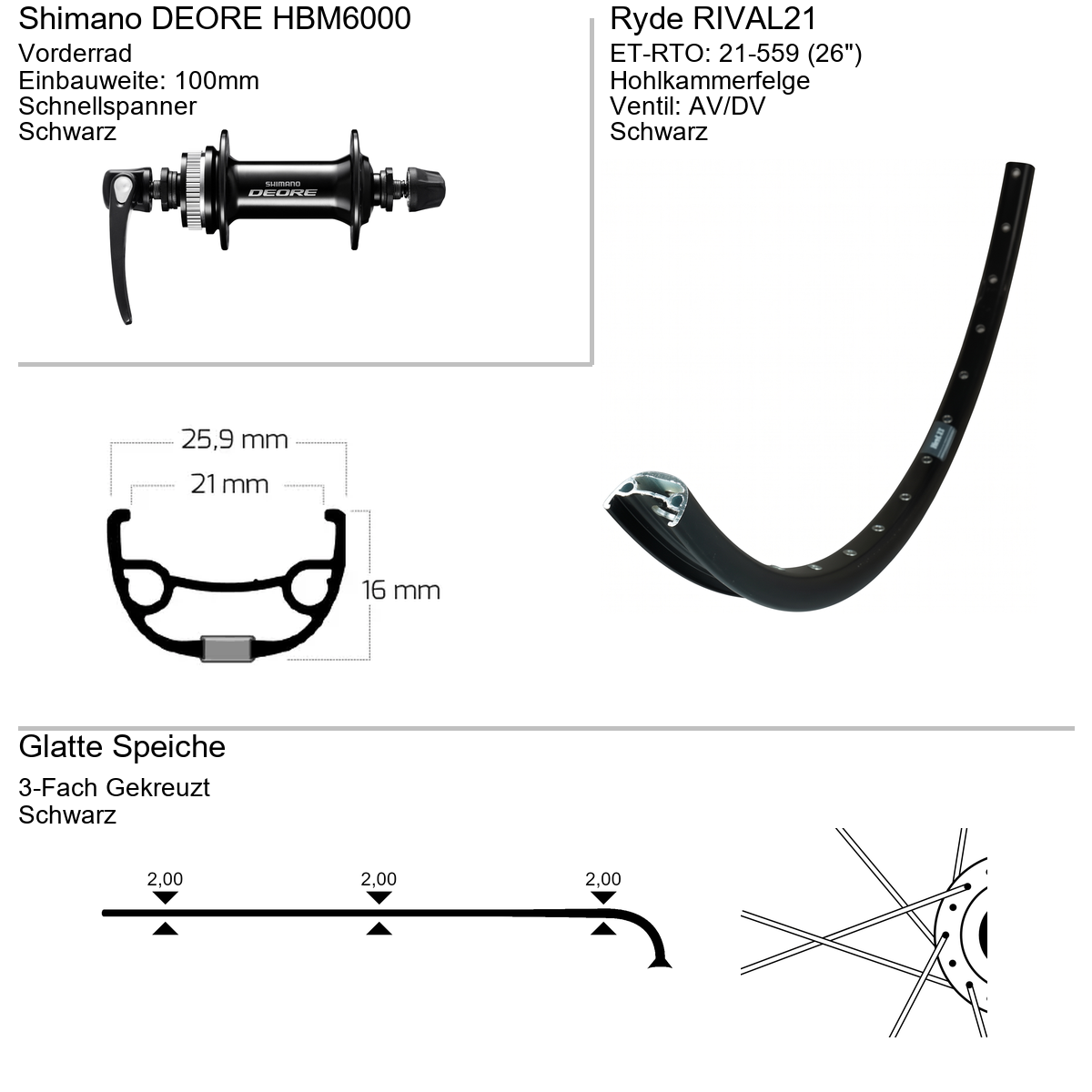 Vorderrad 26" RYDE Rival21 Shimano HB-M6000