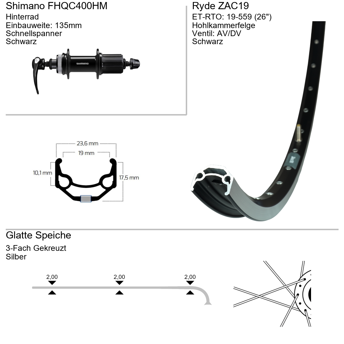 Hinterrad 26" RYDE ZAC19 Shimano FHQC400