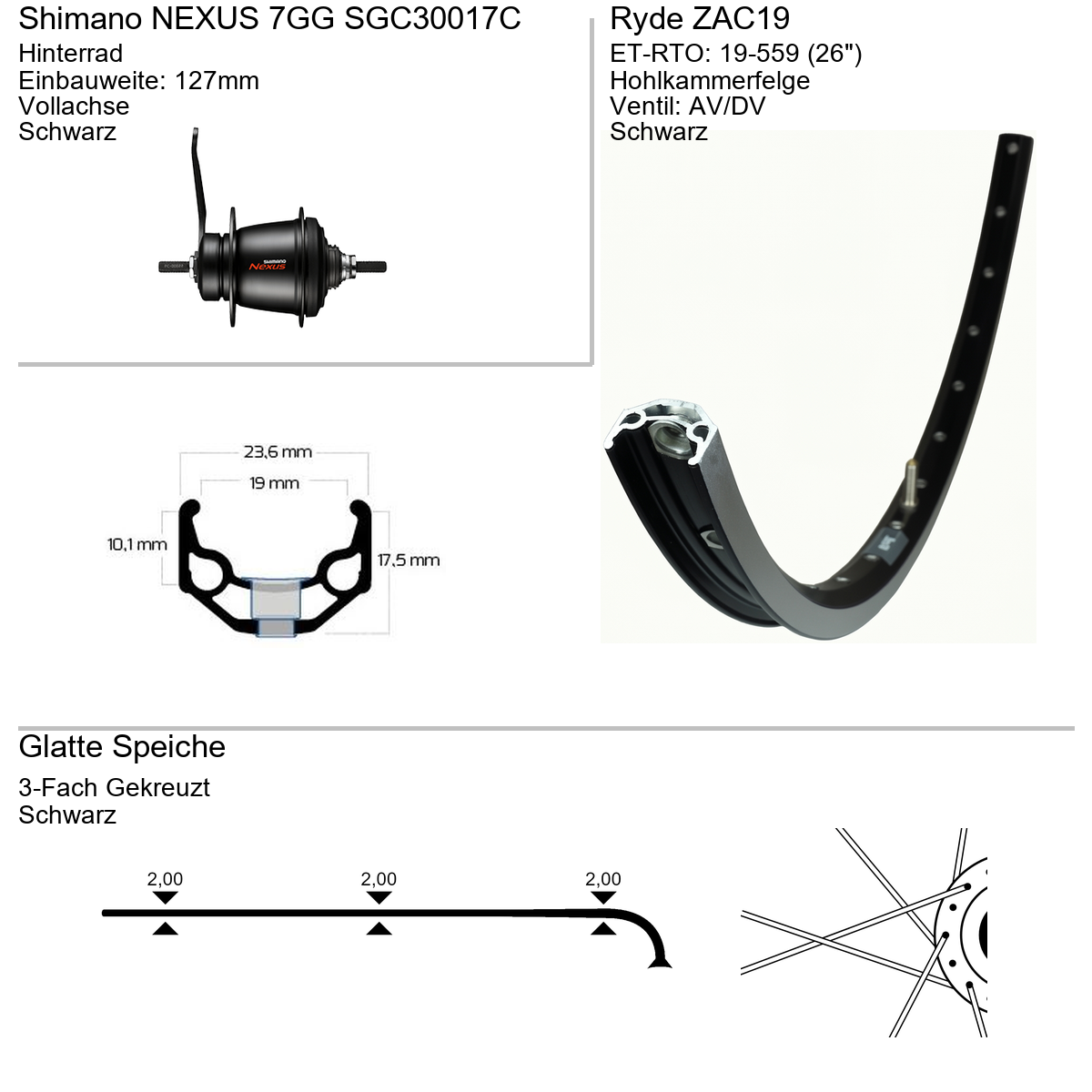 Hinterrad 26" RYDE ZAC19 Shimano Nexus 7-Gang