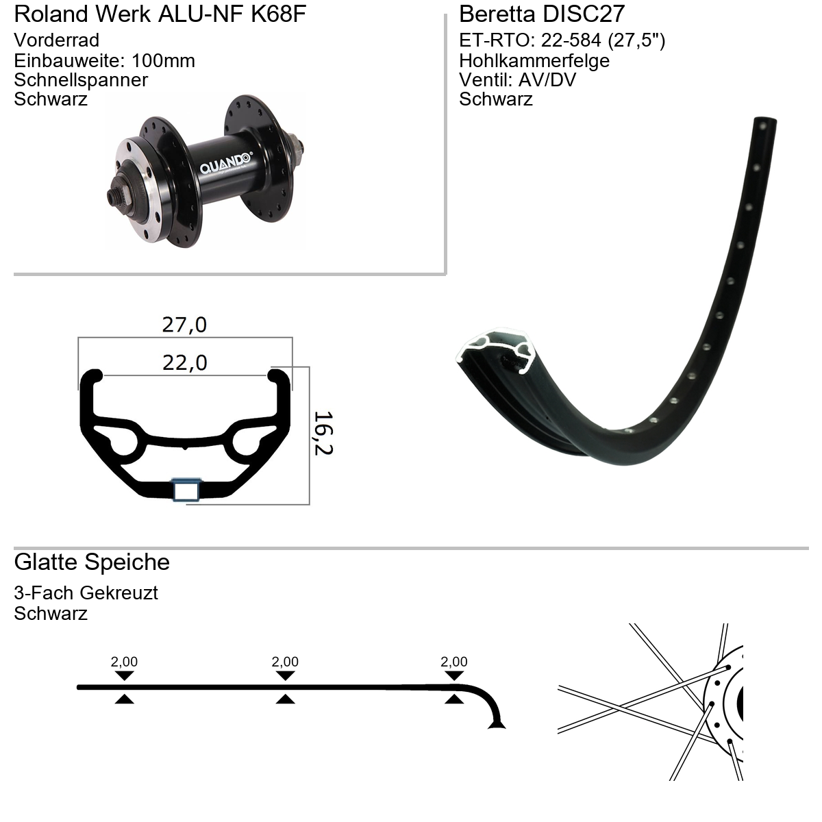 Vorderrad 27,5" Beretta Disc 27 Alu-NF