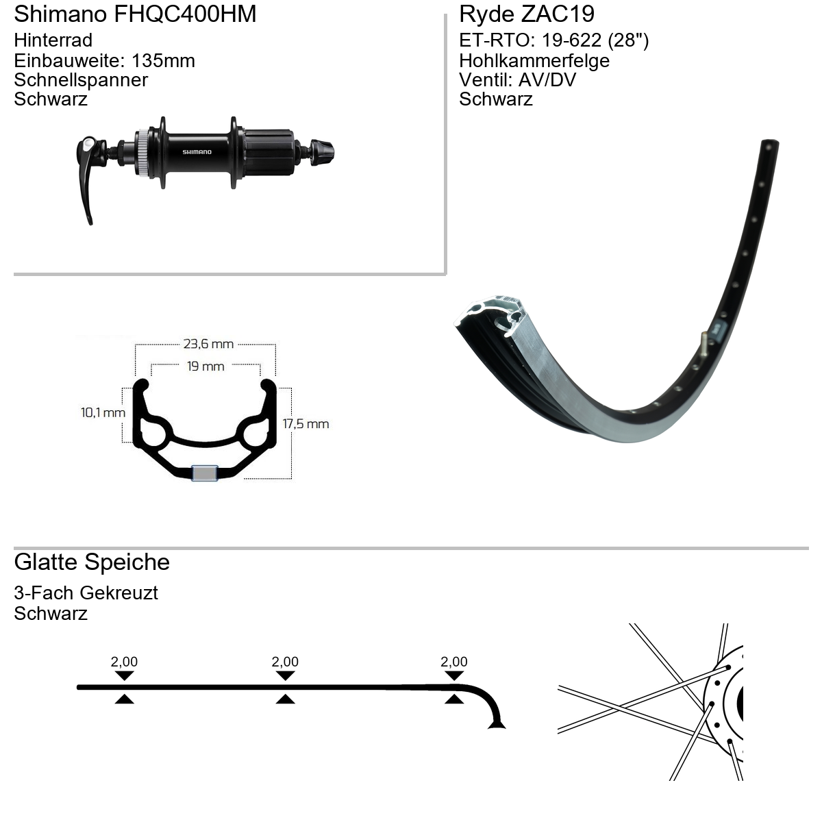 Hinterrad 28" RYDE ZAC19 Shimano FHQC400