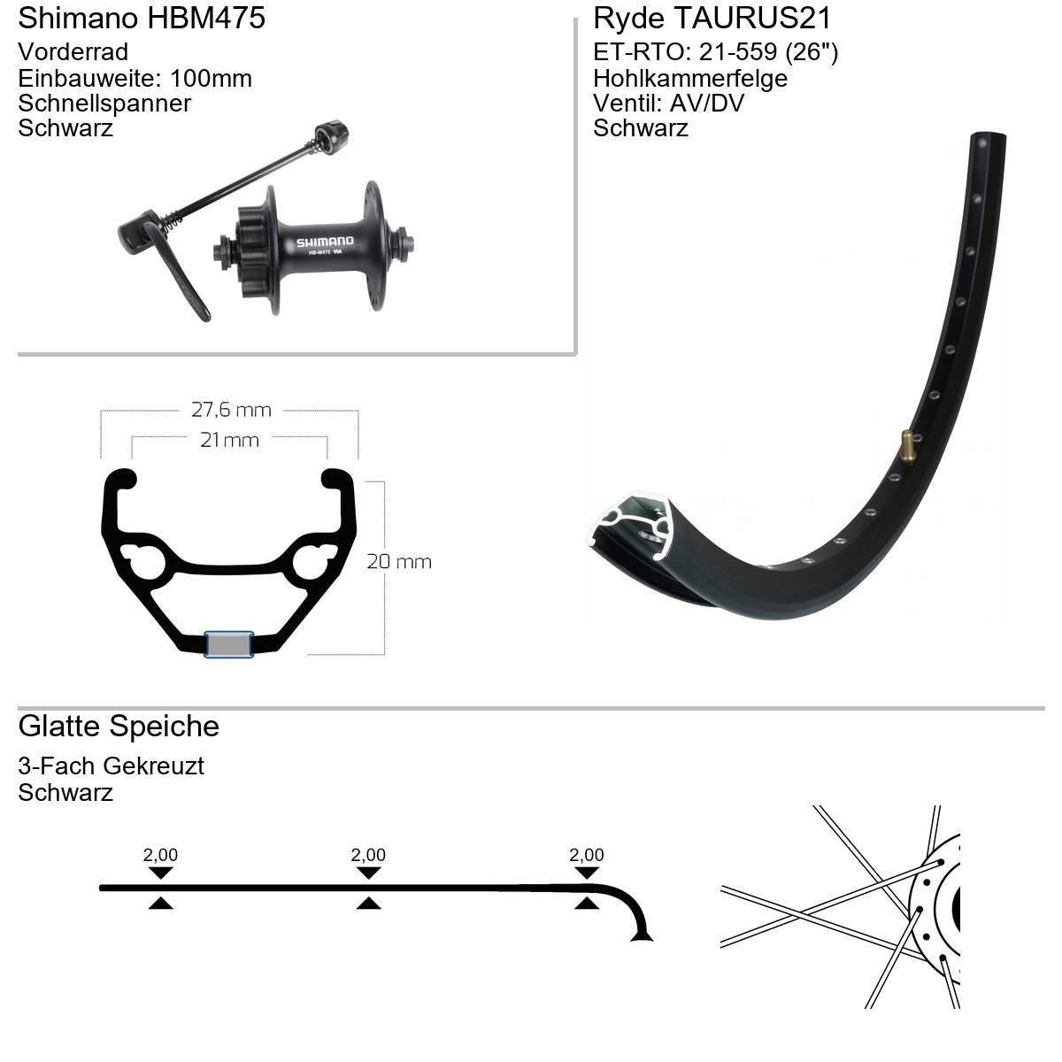 Vorderrad 26" RYDE Taurus21 Shimano HBM475