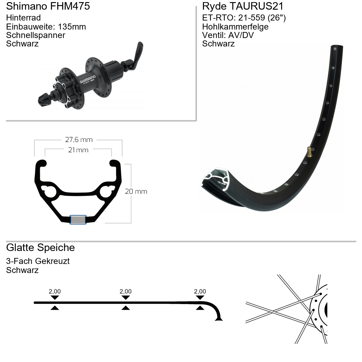 Hinterrad 26" RYDE Taurus21 Shimano FHM475