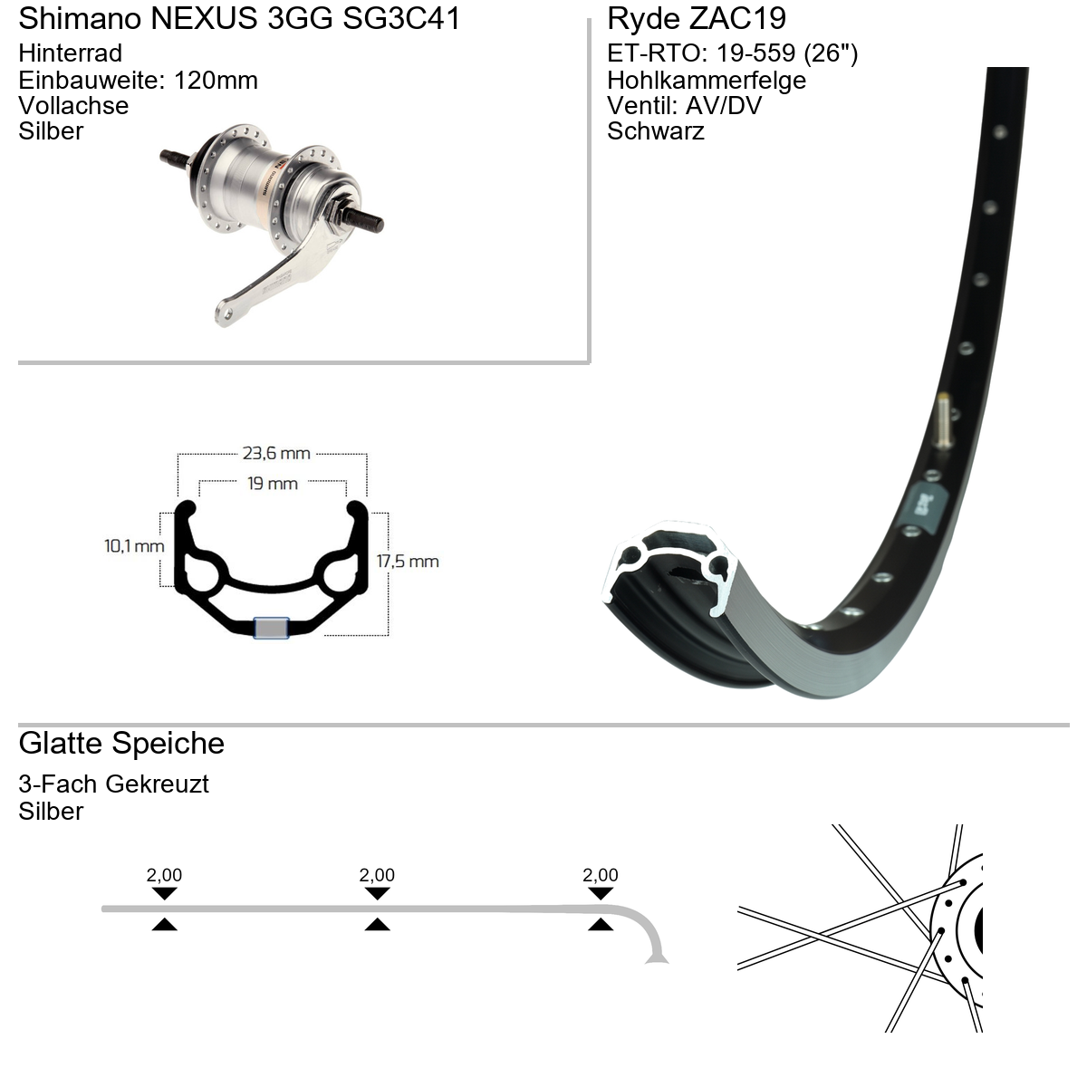 Hinterrad 26" RYDE ZAC19 Shimano Nexus 3-Gang