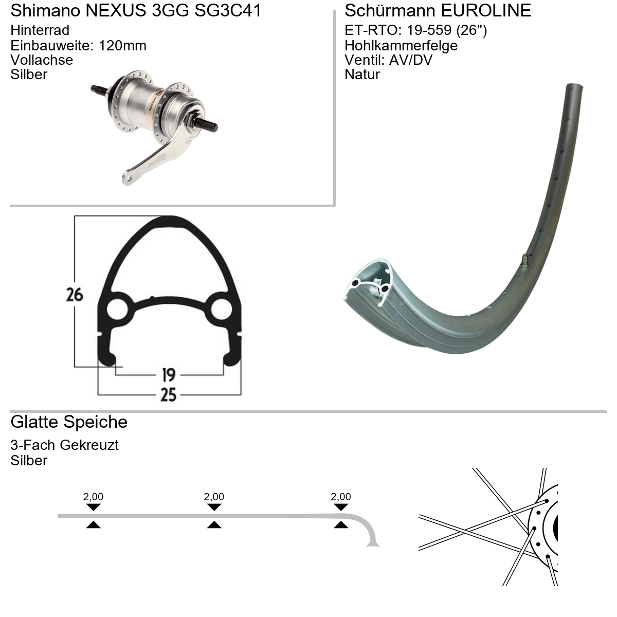 Hinterrad 26" Schürmann Euroline Shimano Nexus 3-Gang