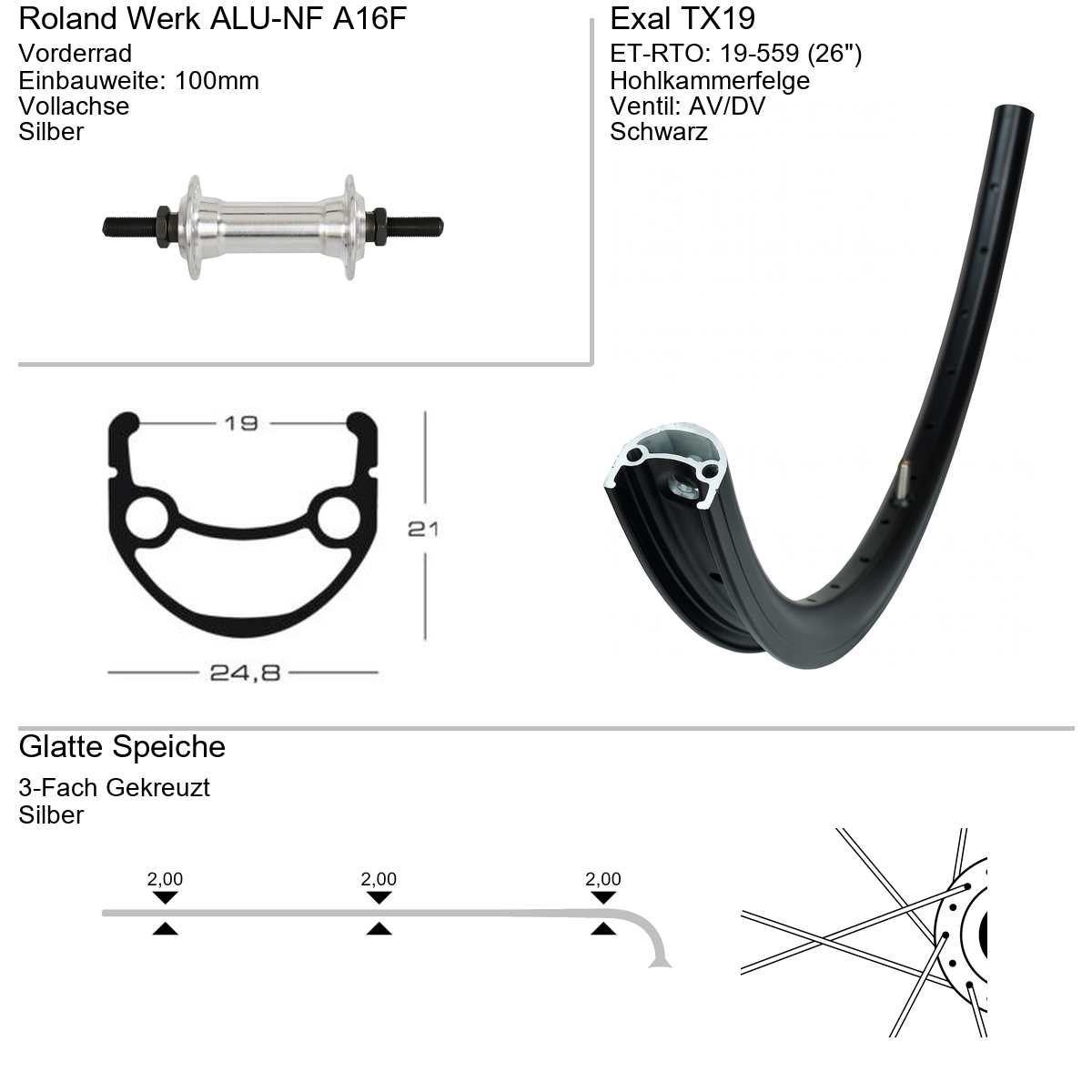 Vorderrad 26" EXAL TX19 Alu-NF