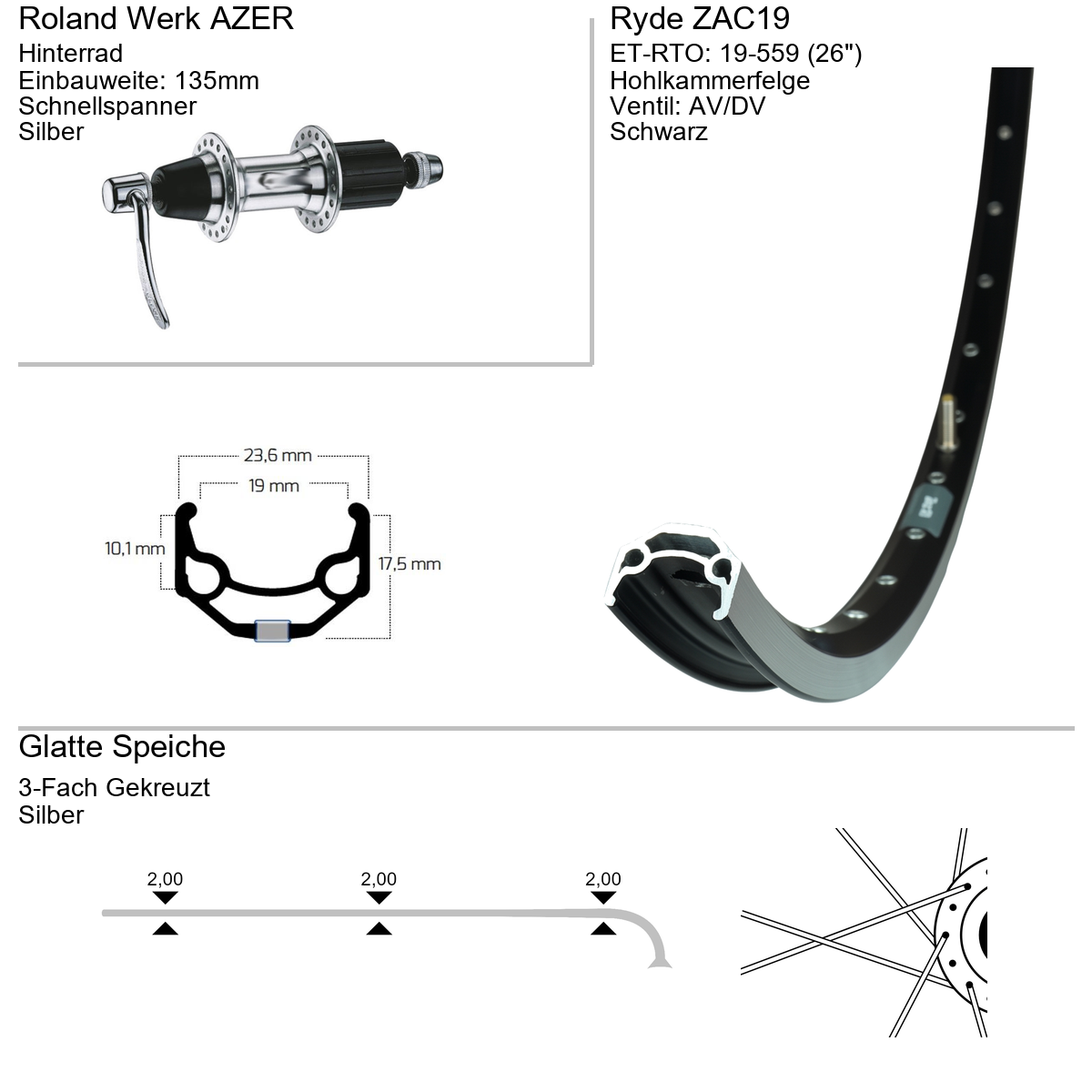 Hinterrad 26" Ryde ZAC 19 8-Fach Kassette