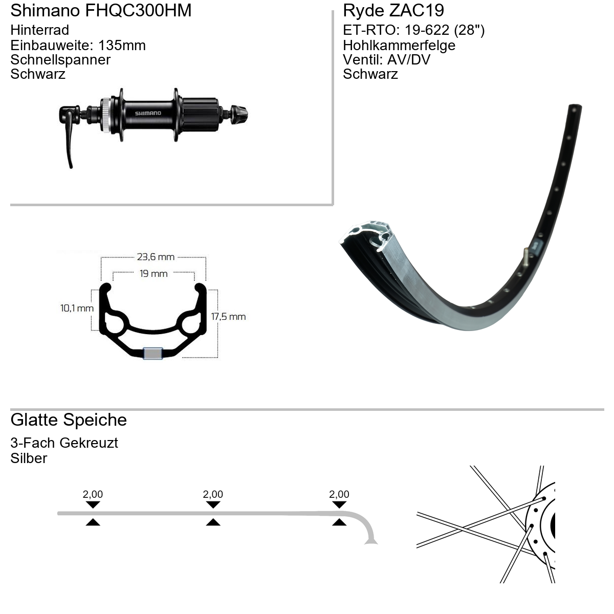 Hinterrad 28" RYDE ZAC19 Shimano FHQC300