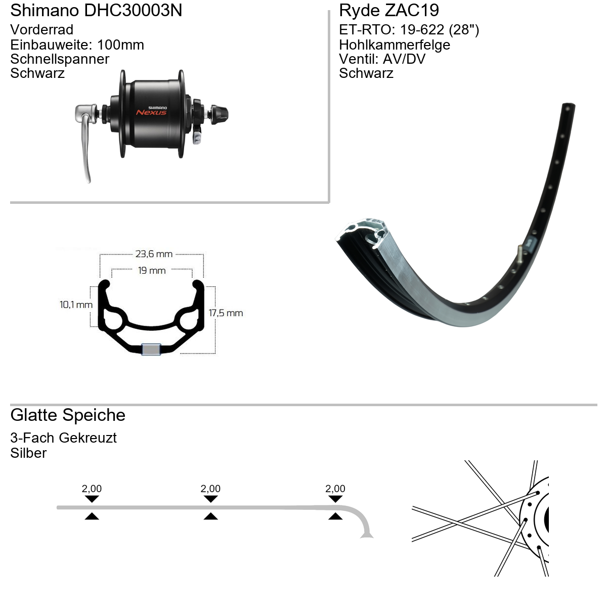 Vorderrad 28" RYDE ZAC19 Shimano DHC3003