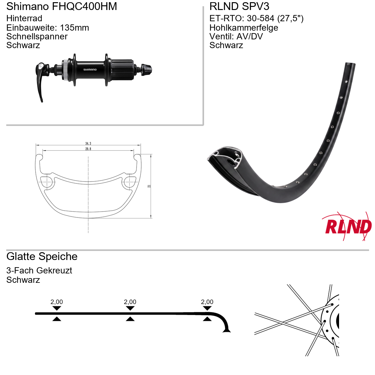 Hinterrad 27,5" RLND SPV3 Shimano FHQC400HM