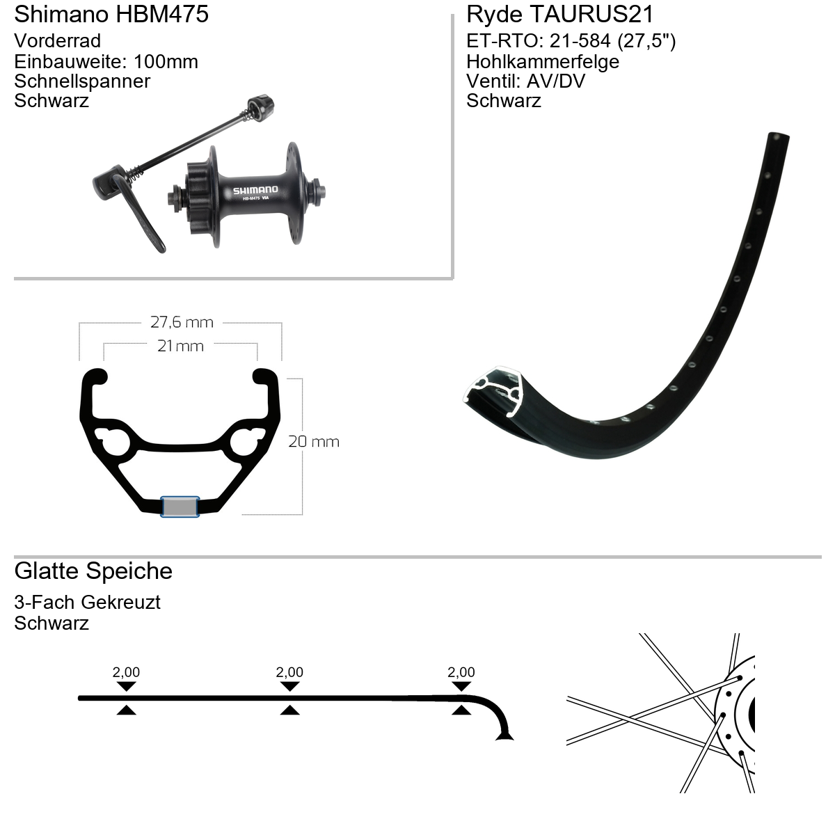 Vorderrad 27,5" RYDE Taurus21 Shimano HBM475