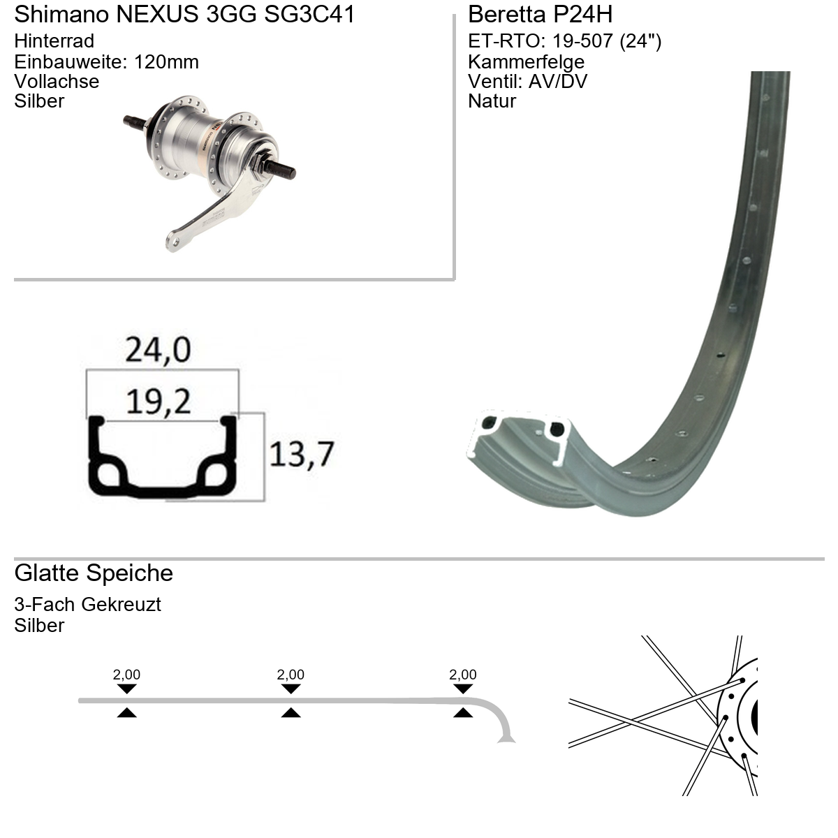 Hinterrad 24" Beretta P 24 H Shimano Nexus 3-Gang Rücktritt