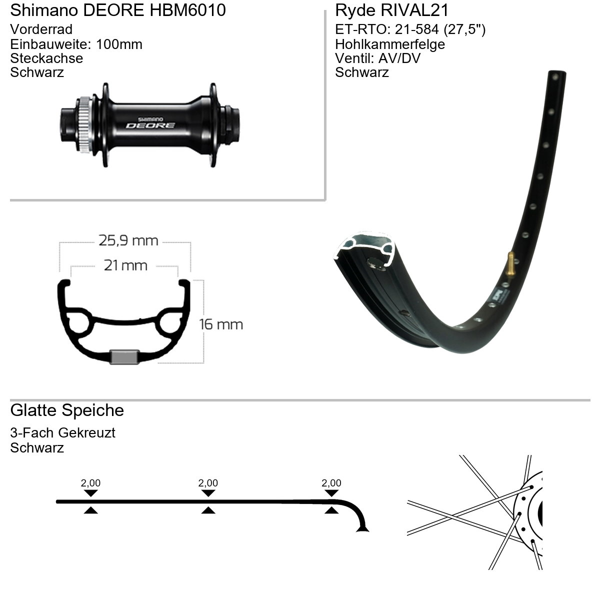 Vorderrad 27,5" RYDE Rival21 Shimano HBM6010