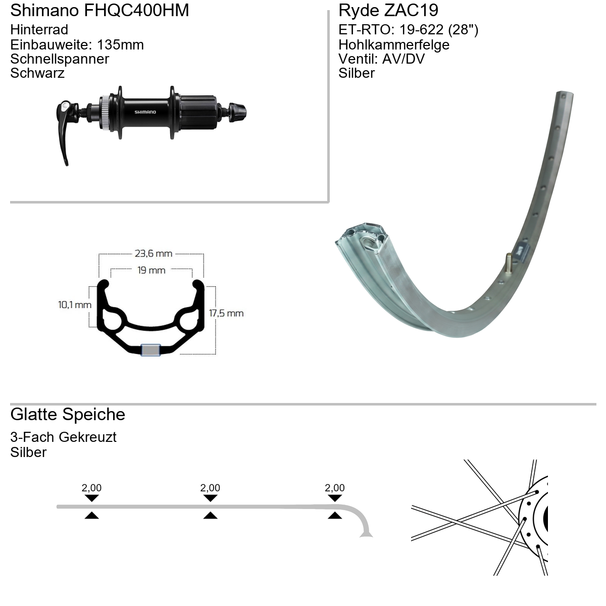 Hinterrad 28" RYDE ZAC19 Shimano FHQC400