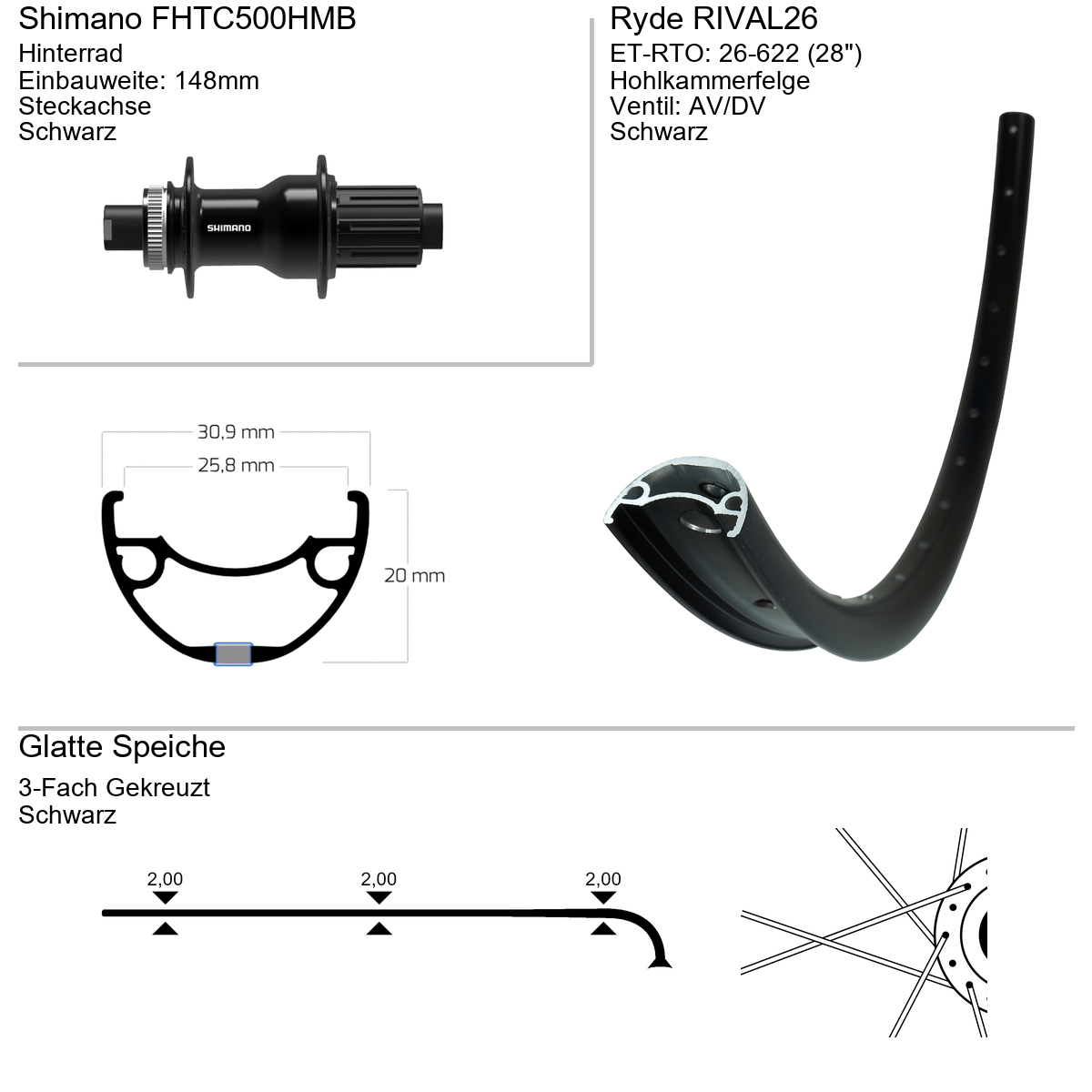 Hinterrad 28" RYDE Rival26 Shimano FHTC500