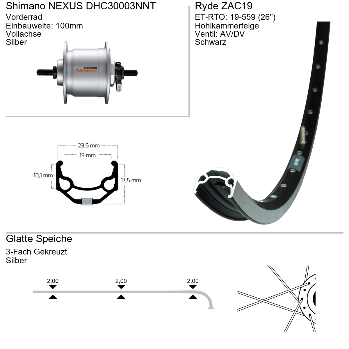 Vorderrad 26" RYDE ZAC19 Shimano Nabendynamo DHC3003
