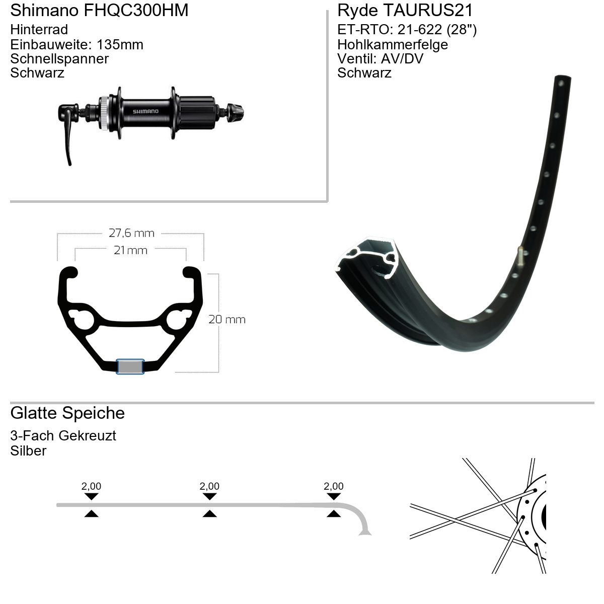 Hinterrad 28" RYDE Taurus21 Shimano FHQC300