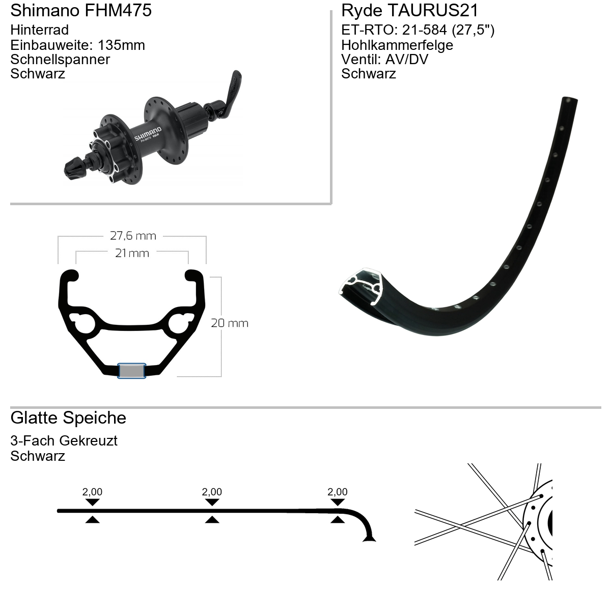 Hinterrad 27,5" RYDE Taurus21 Shimano FHM475
